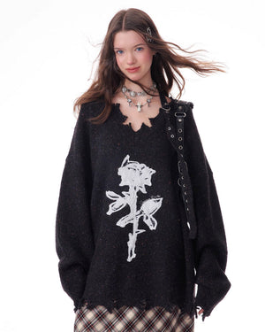 Distressed Rose Print Sweater