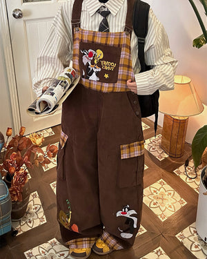 Brown Corduroy 90s Cartoon Dungarees