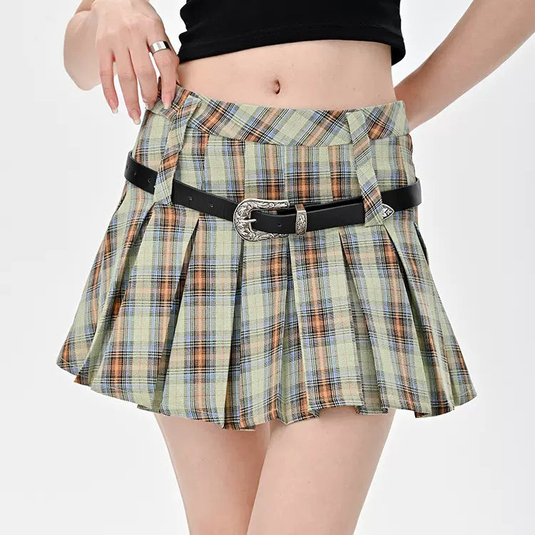 Double Belt Plaid Pleated Skirt in Green