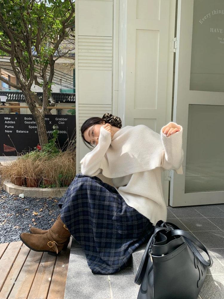 Asymmetric Plaid Midi Skirt