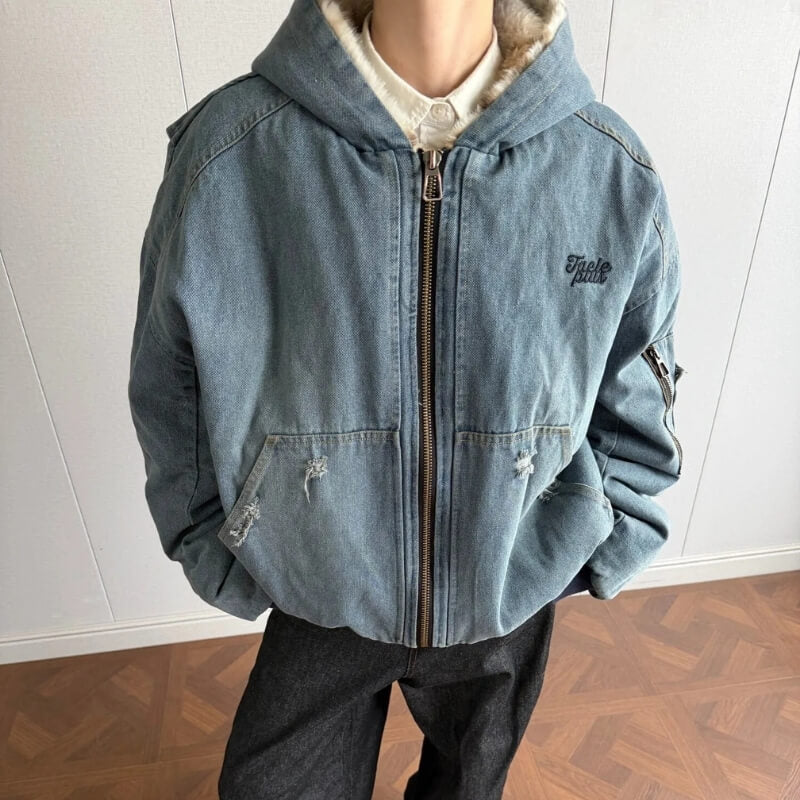 Fur Lined Hooded Denim Jacket