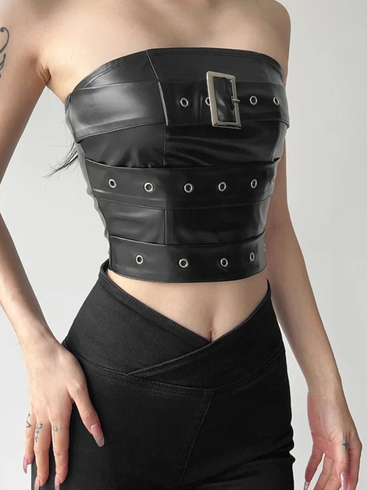 Grunge Belted Faux Leather Tube Top