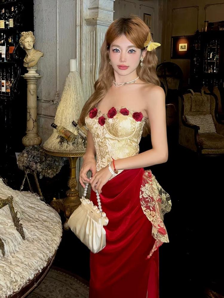 Rose Velvet Corset Midi Dress