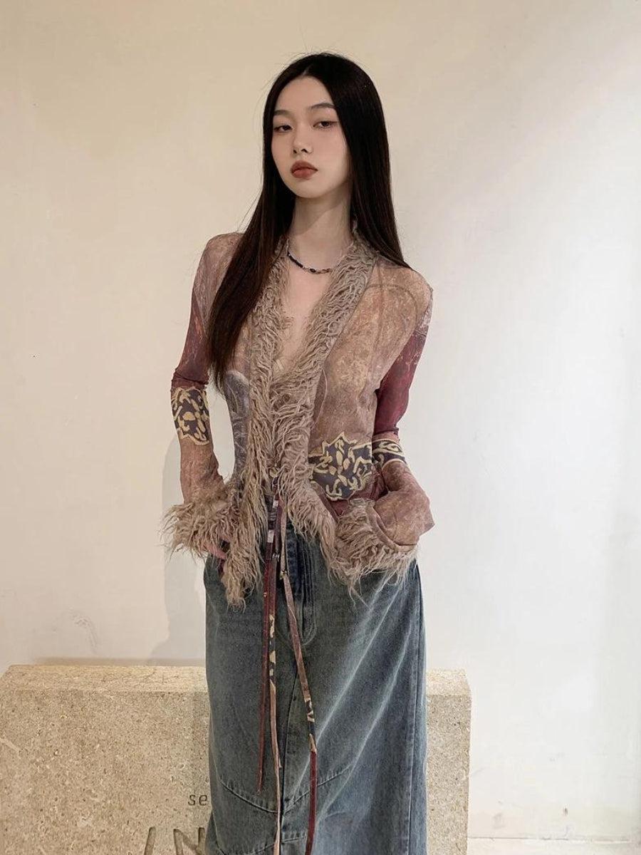 Vintage Faux Fur Detailed Lace Up Top