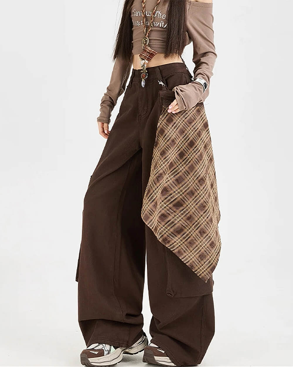 Brown Plaid Shirt-Tied Jeans