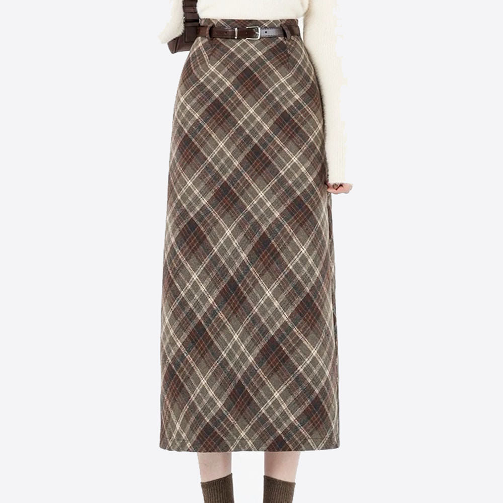 Coffee Cream Plaid Midi Skirt
