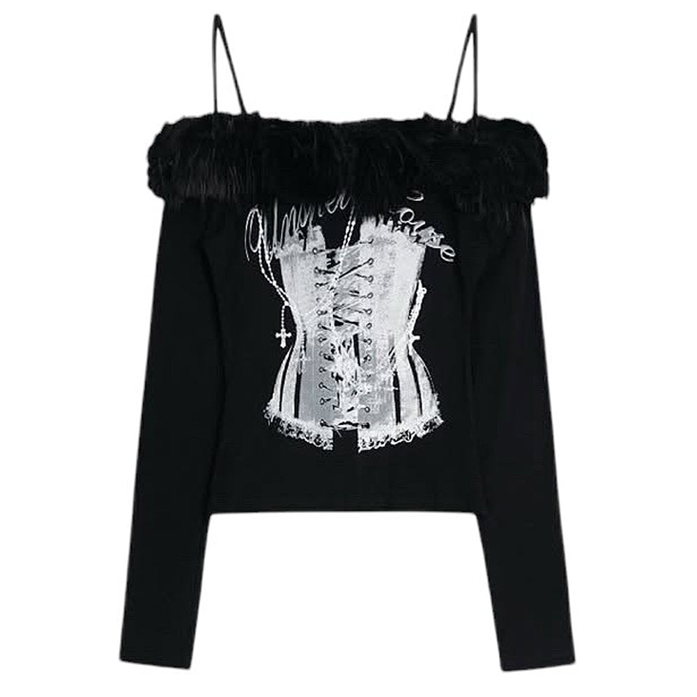 Corset Print Fur Off-Shoulder Top