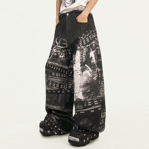 Grunge Chain Print Wide Pants