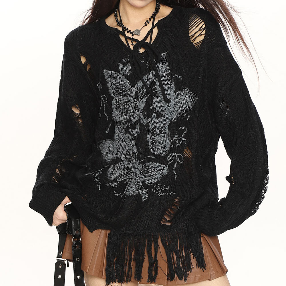 Oversized Ripped Sweater with Butterfly Print