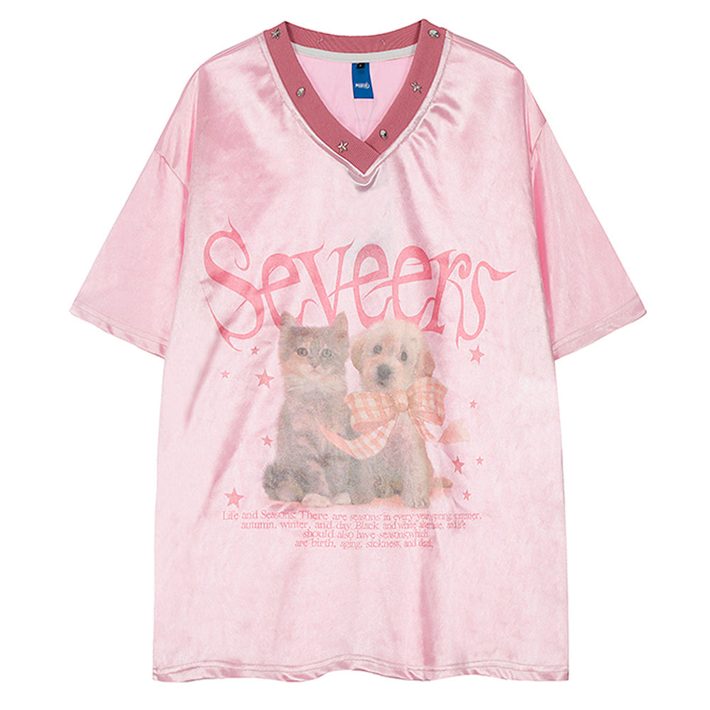 Puppy & Kitten Print Satin Jersey