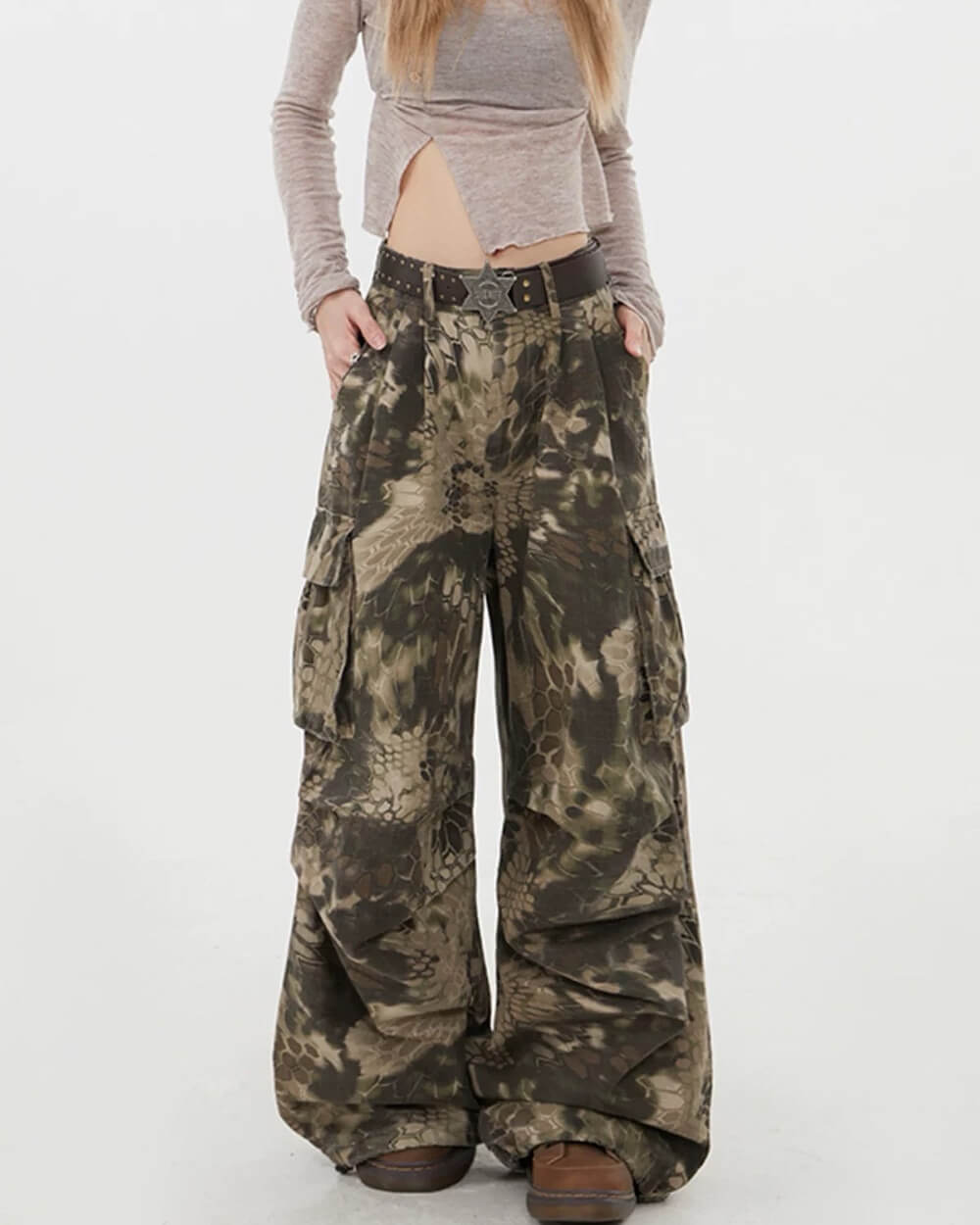 Snake Print Wide Leg Cargo Pants