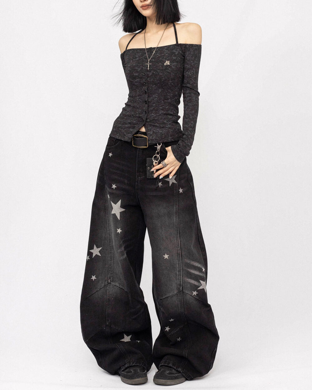 Loose Fit Star Pattern Baggy Jeans
