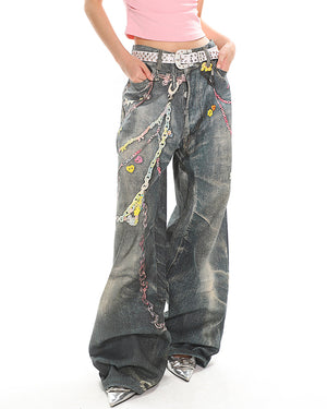 Y2K Printed Chain & Charm Baggy Jeans